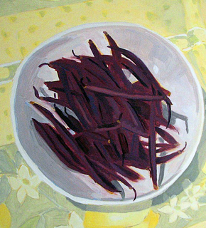 Loraine Stephanson - Still life – purple beans in a white bowl. Oil on pan