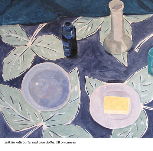 Loraine Stephanson Still life with butter and blue cloths. Oil painting