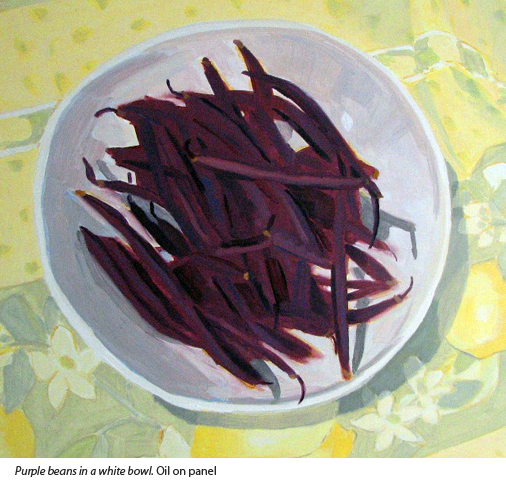 Loraine Stephanson - Still life – purple beans in a white bowl. Oil on panel
